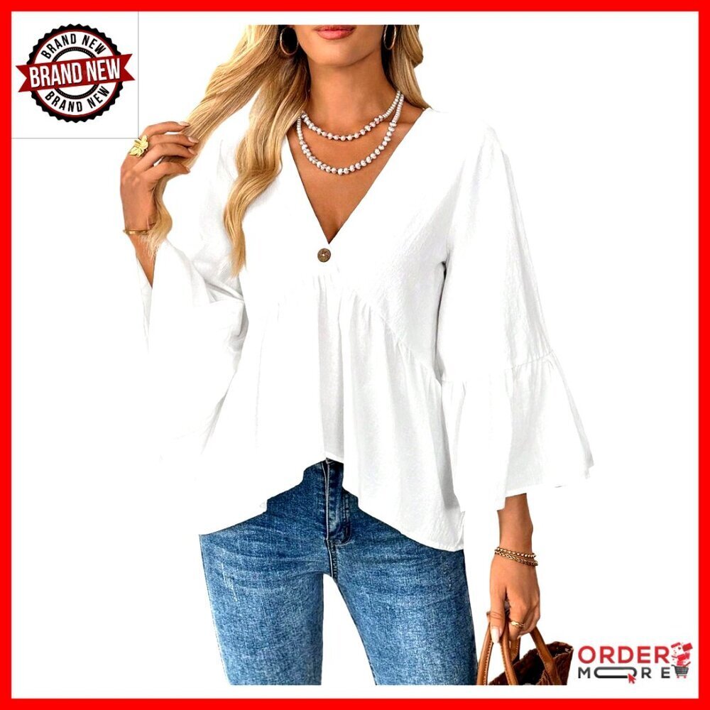 V-Neck Peplum Babydoll Blouse with 3/4 Ruffle Sleeves, Flowy Casual Top